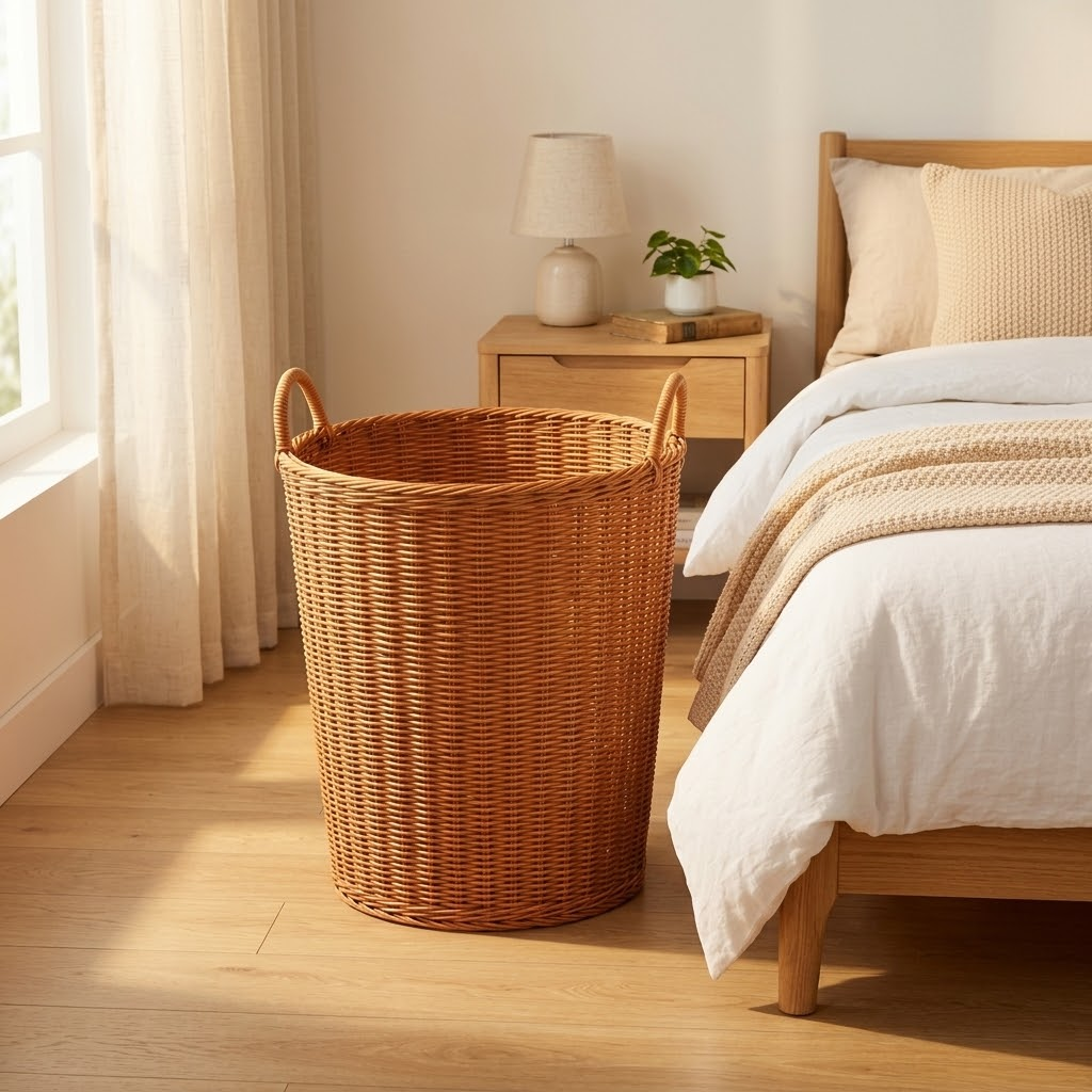 Handwoven Style Laundry Hamper – Round Storage Basket with Built-in Handles