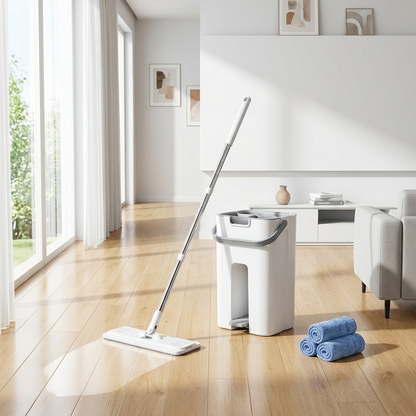 Hands-Free Flat Mop and Dual-Chamber Bucket Set – Dry/Wet Separation Self-Cleaning Floor Care System