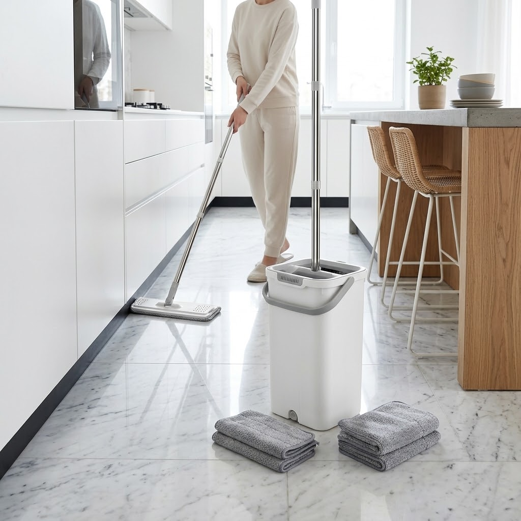 Hands-Free Flat Mop and Dual-Chamber Bucket Set – Dry/Wet Separation Self-Cleaning Floor Care System